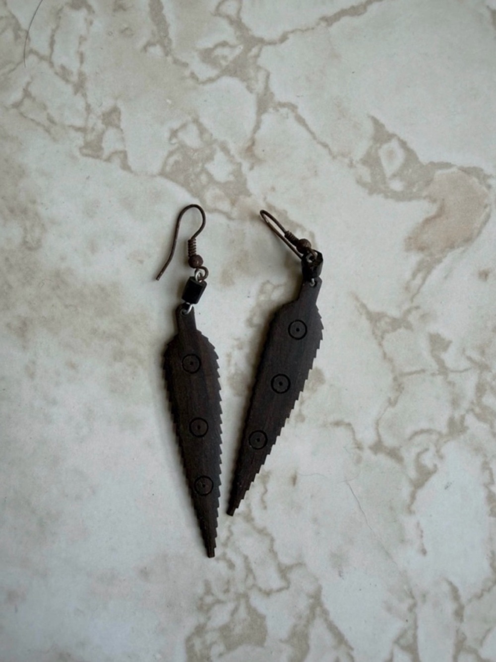 Dark Brown Wood Serrated Triangle Drop Earrings